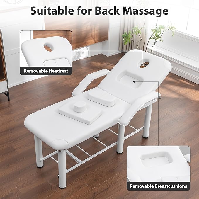Professioanl Massage Table w/Adjustable Backrest for Treatment Table Spa Facial Bed Barber Beauty Equipment, Metal Frame PU Leather, Armrests Removable Headrest Salon Bed, White