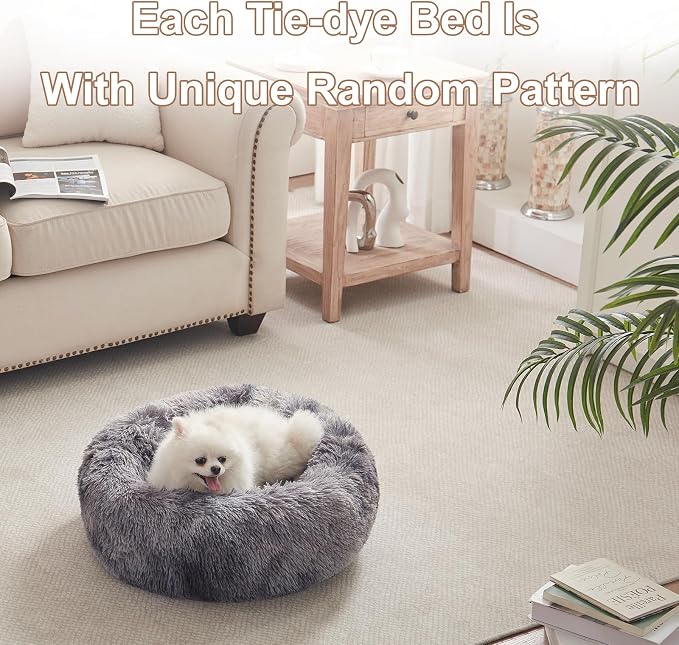 23 in Faux Fur Fluffy Donut Dog Bed for Small Dogs,Tie-dye Grey | Calming Plush Round Puppy Pet Bed with Removable & Washable Cover,Fits up to 25 lbs Pets
