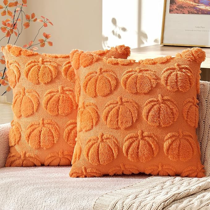 MIULEE Fall Pillow Covers Pumpkin Fall Decor 24x24 Orange | Set of 2 Fall Decorations for Home, Plush Faux Fur Farmhouse Accent Pillowcases, Porch Sofa Couch Cushion Bed Livingroom