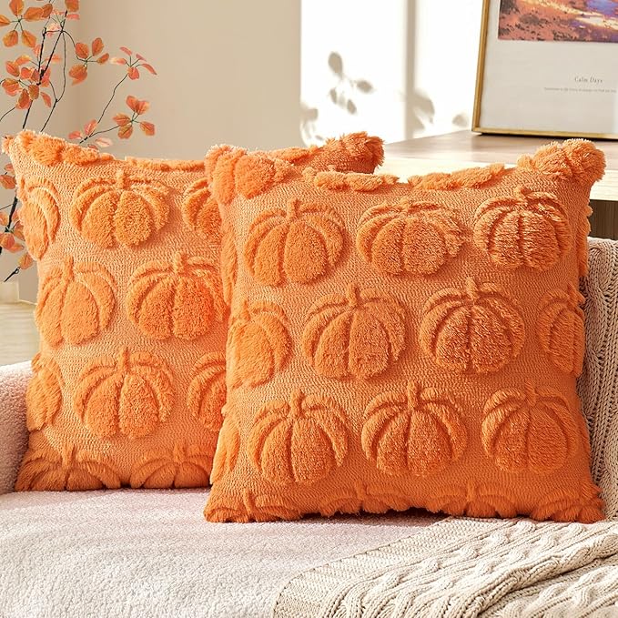 MIULEE Fall Pillow Covers Pumpkin Fall Decor 16x16 Orange | Set of 2 Fall Decorations for Home, Plush Faux Fur Farmhouse Accent Pillowcases, Porch Sofa Couch Cushion Bed Livingroom