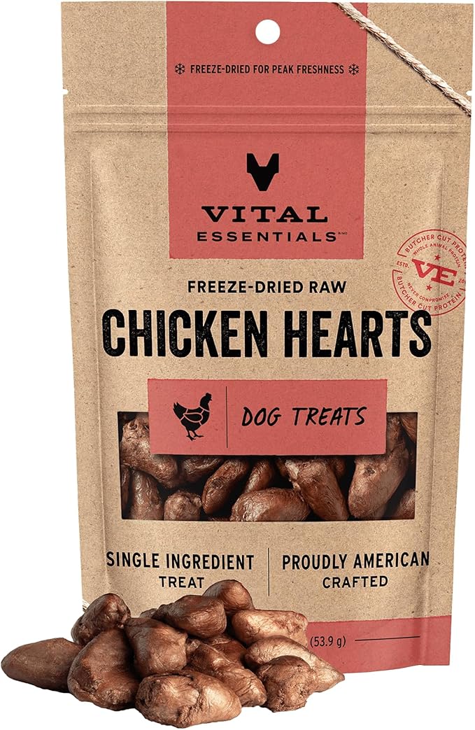 Vital Essentials Freeze Dried Raw Chicken Hearts Dog Treats, 1.9 oz Bag | Single Ingredient, Premium Quality Protein, Grain-Free, USA Made with U.S. & Globally Sourced Ingredients
