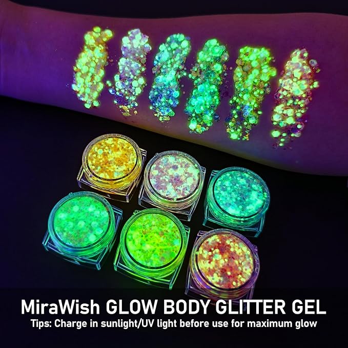 6 Colors Glow Body Glitter Gel, Glow in The Dark Hair Face Glitter Gel, Rave Accessories for Festivals Carnival UV Black Light Party