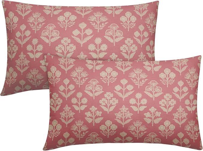 Pink Pillow Covers 12x20 Inch Set of 2, Cream Floral Block Print Pattern Lumbar Decorative Throw Pillowcases Outdoor Farmhouse Rectangle Cushion Covers Spring Summer Sofa Couch Bed Decor