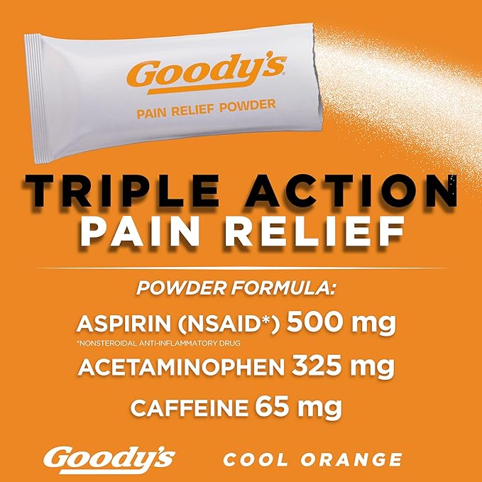 Goody's Headache Powder, Triple Action Fast-Acting Formula Headache Relief with Aspirin, Acetaminophen & Caffeine, Cool Orange Flavor, 4 Powder Sticks, 6 Pack