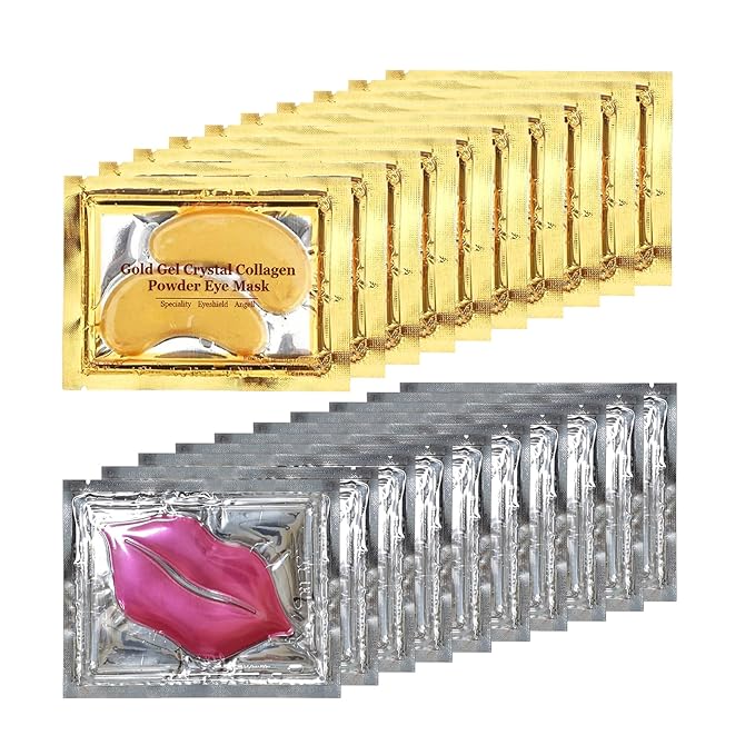 40 Pairs 24K Gold Eye Masks & Lip Masks, Crystal Collagen Under Eye Patches for Puffy Eye, Moisturizing Skin Care Lip Eyes Patches for Dark Circles, Wrinkles and Fine Lines (gold and pink)