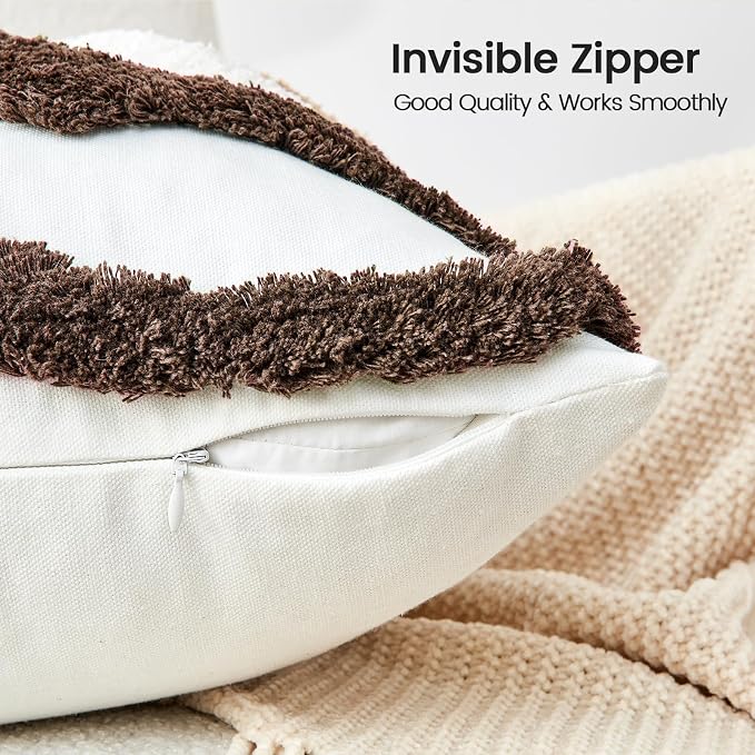 lifein 18x18 Pillow Covers-Throw Pillow Covers Boho Couch Pillows Embroidered Decorative Accent Pillows Mid Century Textured Pillowcases for Couch Sofa Living Room Bed (Brown and Cream)