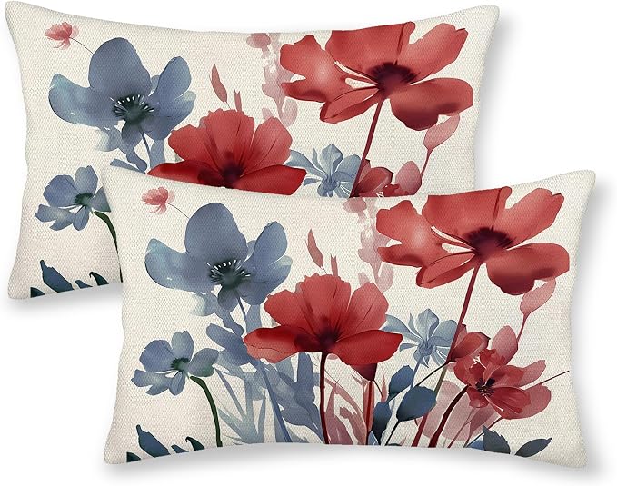 Floral Pillow Covers 12x20 Inches Set of 2 Independence Day Blue Red Floral Throw Pillow Covers Outdoor Spring Summer Flower Pillowcase Farmhouse Decorative Lumbar Cushion Cover for Home Sofa