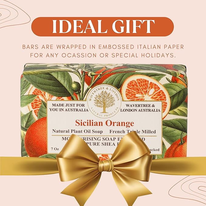 Wavertree & London Sicilian Orange Scented Natural Soap (8 Bars), 7oz Moisturizing French Triple Milled Soap Bars enriched with shea butter - Pure Plant Oil Bath & Body Soap for All Skin Types