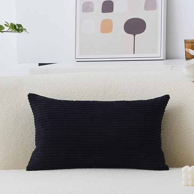 Home Brilliant Summer Decor 12x20 Pillow Cover Rectangle Striped Corduroy Solid Cushion Cover Throw Oblong Pillowcase for Lumbar, 12 x 20, Black