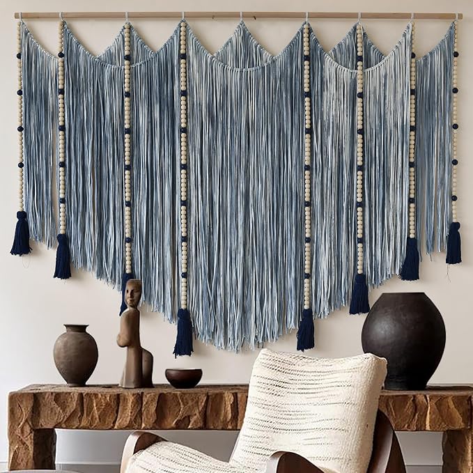 Jakalin Macrame Wall Hanging Blue Dip Dye Bead Boho Home Decor 57"x43" | Blue Dip-dye Cotton Cord, Handwoven Beadwork, Artisan Texture, Modern Boho Wall Decor, Home Accent Yarn Fiber Wall Art