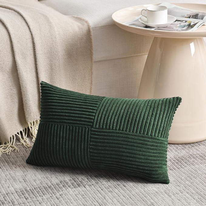 Fancy Homi Dark Green Lumbar Decorative Throw Pillow Covers 16x32 Inch for Living Room Couch Bed, Boho Farmhouse Forest Green Home Decor, Soft Corduroy Corss Patchwork Cushion Case