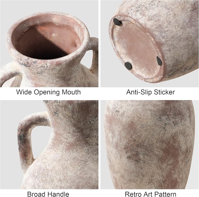 Ceramic Flower Vase with Handles,12" Neutral Tall Clay Terracotta Vases Farmhouse Table Vases with Handle Living Room Decor Rustic Pottery Pots for Home Shelf Coffee Dining Desk Fireplace
