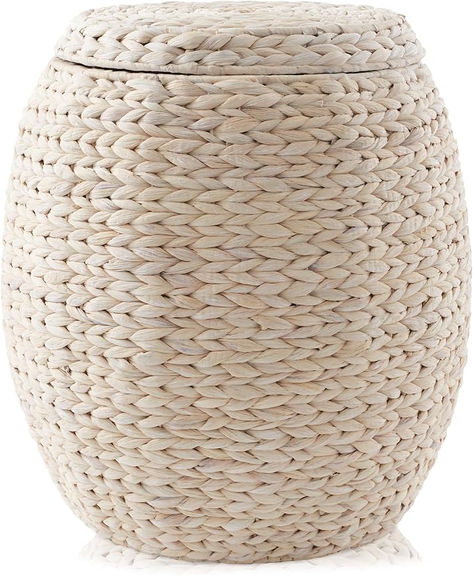 Casafield Round Storage Basket with Lid - Whitewash, Handwoven Water Hyacinth Organizer for Laundry, Blankets, Plants, Bedroom, Living Room, Office