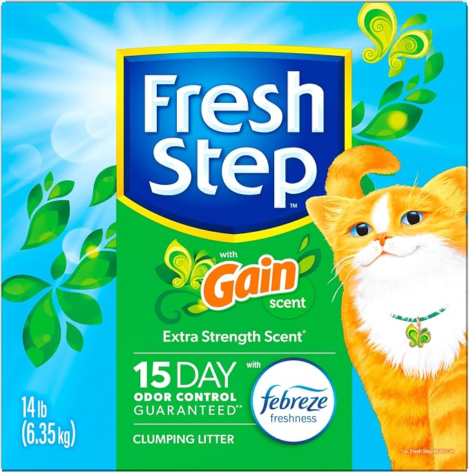 Fresh Step Odor Shield Multi Cat Clumping Cat Litter with Febreze Freshness in Gain Scent, Low Dust, Odor Control with Ammonia Block Tech, Compatible in Automatic Litter Boxes, 14 lb. (Pack of 2)