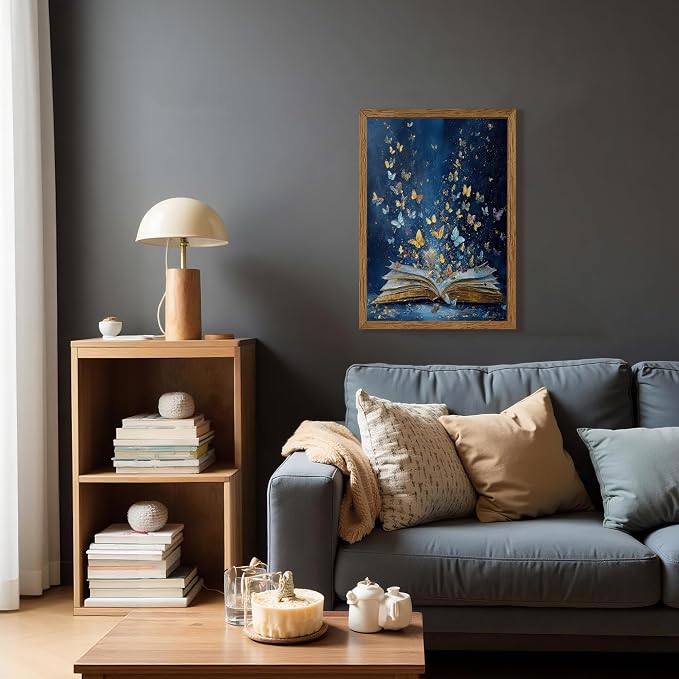 JLTULT Book Wall Art with Butterflies, Solid Wood-Framed Canvas, 16x24 in | Blue open-book art with butterflies on fade-resistant canvas and a ready-to-hang solid wood frame for bedrooms and studies