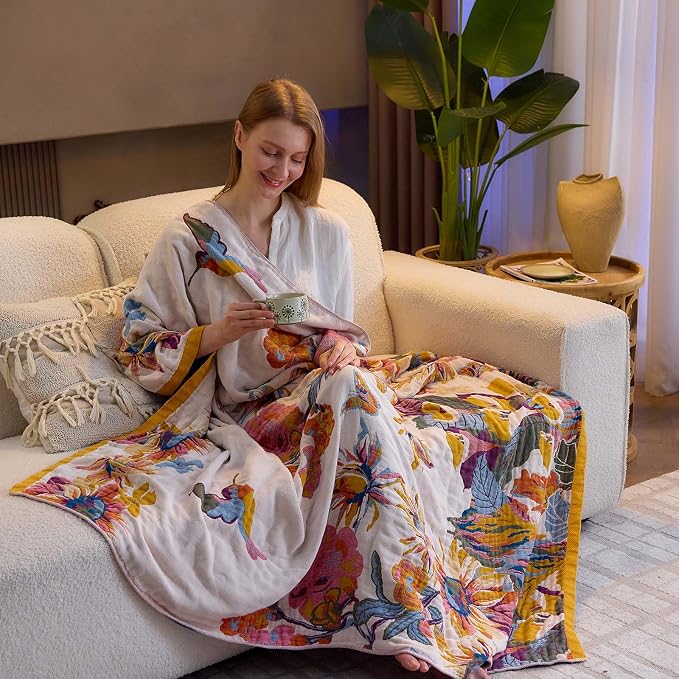 XIBLC Boho Throw Blanket, 100% Cotton Ultra Soft Luxury Throw Rustic Quilt, 90"x98" Floral Bird Butterfly Farmhouse Decor Bed Blankets, All Season Rustic Reversible Bohemian Throw for Bed - Yellow