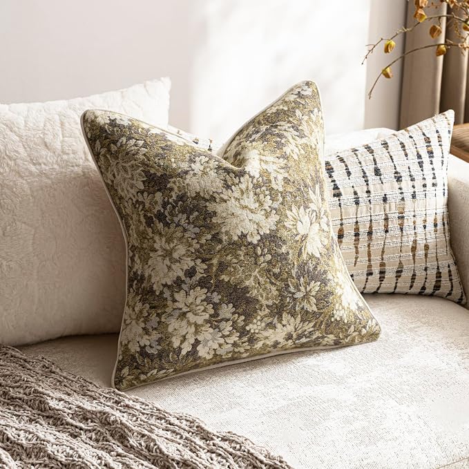 Pack of 2 Vintage Floral Throw Pillow Covers 16x16 Boho Farmhouse Accents Chenille Square Decorative Pillow Cases for Living Room Couch Bed Home Decor, Beige