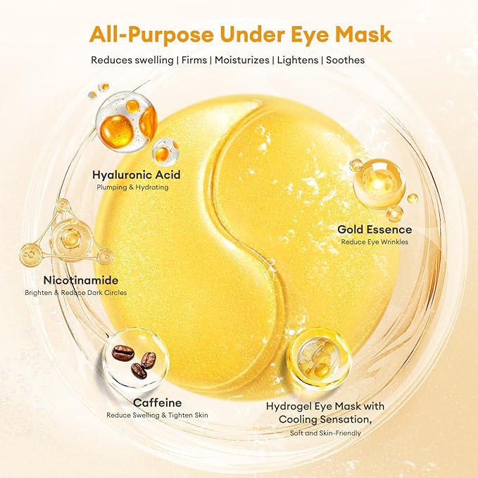 Under Eye Patches Gold Essence Hydrogel Eye Masks for Puffy Eyes and Dark Circles Caffeine Hyaluronic Acid & Niacinamide Deep Hydrating Eye Mask for Men & Women 60 PCS (Gold)