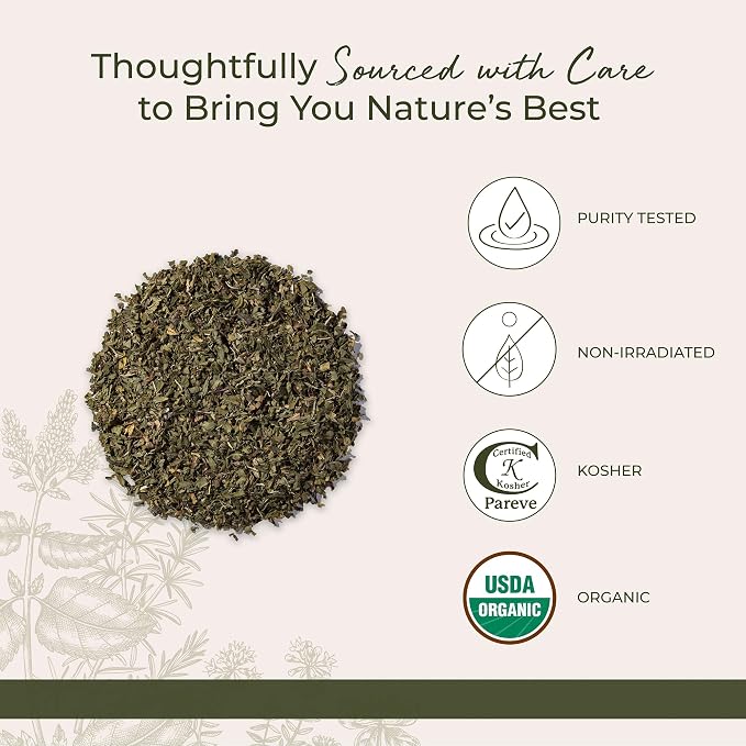 Starwest Botanicals Organic Peppermint Leaves Cut & Sifted - Dried Loose Leaf Herb for Tea, Herbal Blends, Baking, & Cooking, Caffeine Free, Sourced from Egypt, Certified Kosher, Non-GMO - 4 oz Pouch