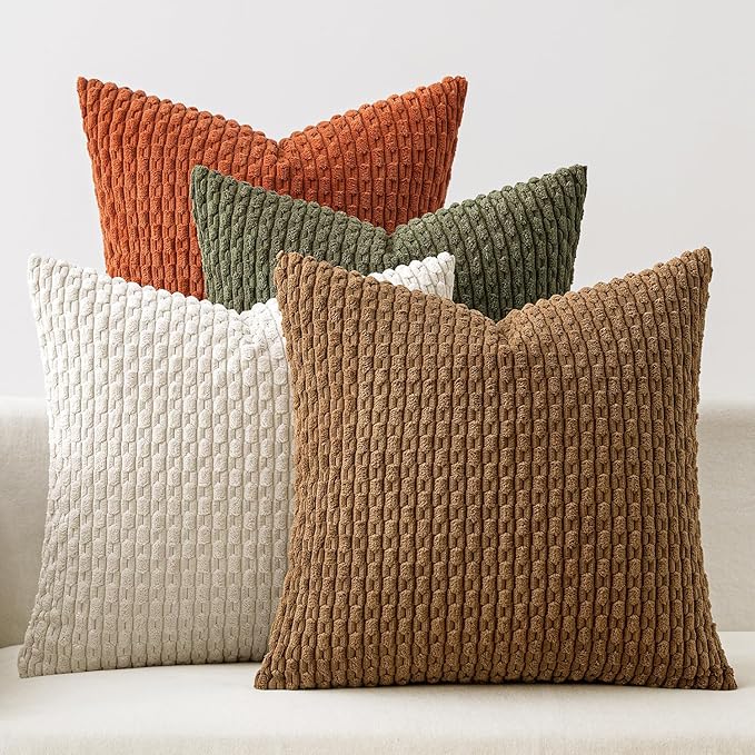 MIULEE Camel Green Decorative Throw Pillow Covers for Couch Living Room 18x18 Inch Soft Pillow Cases Set of 4 Boho Striped Corduroy Farmhouse Cushion Covers Home Decor for Sofa Bed