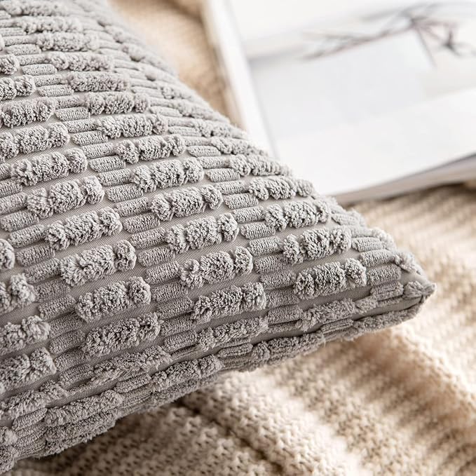 MIULEE Corduroy Decorative Throw Pillow Covers 20x20 Light Grey Pack of 2 | Soft Boho Striped Pillow Covers Modern Farmhouse Home Decor For Sofa Living Room Couch Bed