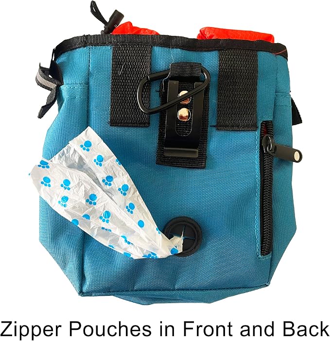 Jalousie Dog Training Pouch with Training Clicker and Water Bowl - 5 Ways to Wear - Carry Toys, Treats for Positive Reinforcement - Built-in Poop Bag Dispenser (Teal)