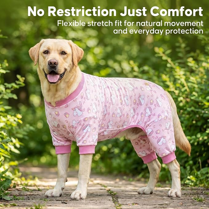 KYEESE Velvet Dog Pajamas for Large Dogs Soft Onesie Shirt, Unicorn Pink | 4-Way Stretch, Lightweight & Breathable, Reduces Shedding, Gentle on Sensitive Skin, Recovery Support, Easy Potty Breaks