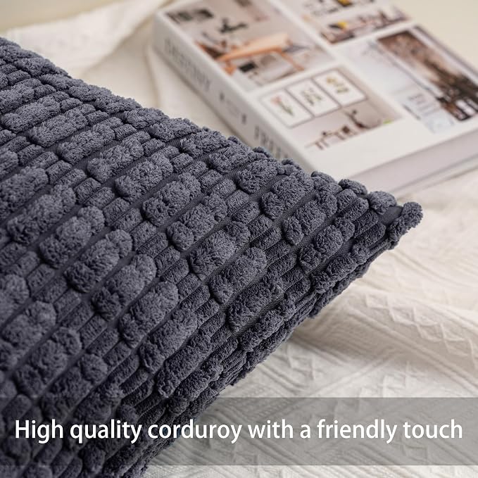 Pack of 2 Corduroy Decorative Throw Pillow Covers 18x18 Inch, Dark Grey | Fall Soft Striped Pillow Covers Modern Farmhouse Home Decor Christmas Throw Pillow Covers for Sofa Living Room Couch Bed