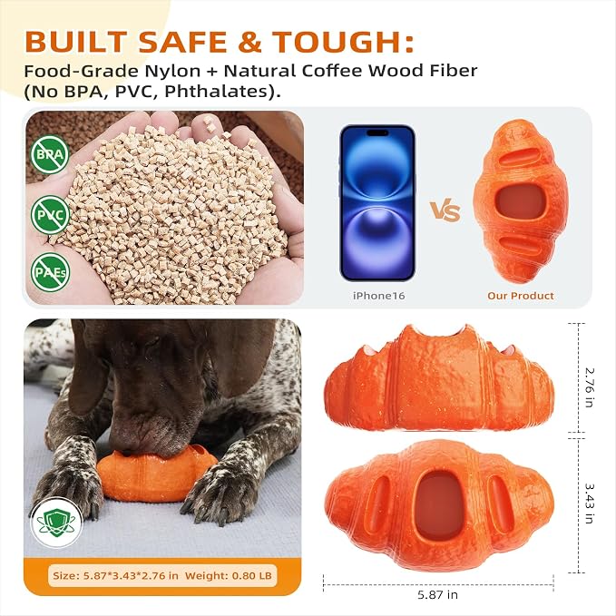 Croissant Dog Chew Toy for Aggressive Chewers, Freezable Treat Dispenser, Food-Grade Nylon Coffee Wood Fiber, Anxiety Relief & Dental Care for Medium Large Dogs