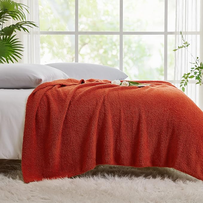 Super Soft Knit Throw Blanket Twin Size Orange-Lightweight Plush Fuzzy Fluffy Warm Cozy Blankets and Throws for Sofa Bed All Season Use, 60x80 inches