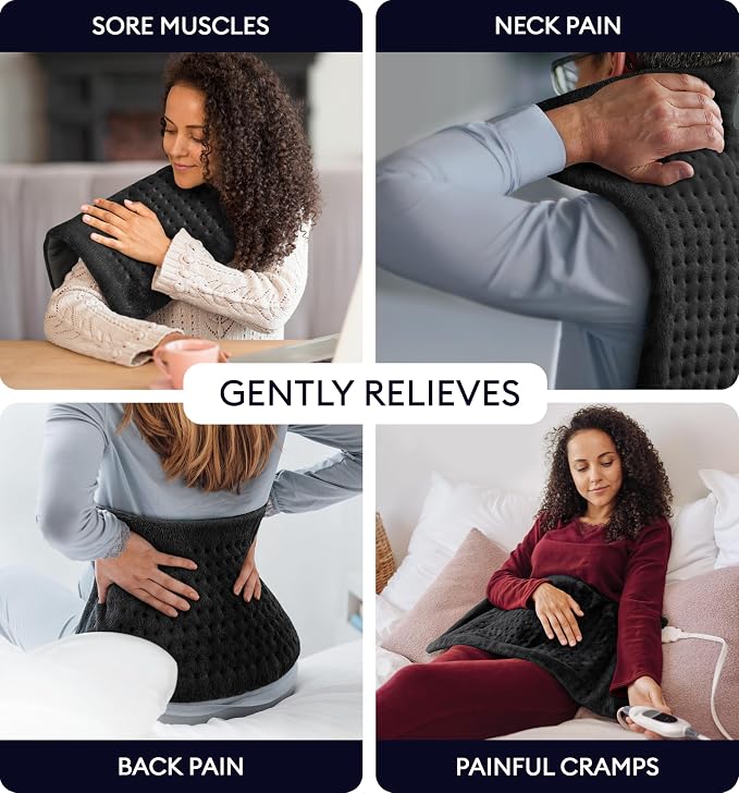 GENIANI Electric Heating Pad for Back Pain & Cramps Relief, Electric Throw, Self Care Gifts for Women, Heating Pad for Neck & Shoulder, Machine Washable Microplush, Auto Shut Off (12×24", Black)