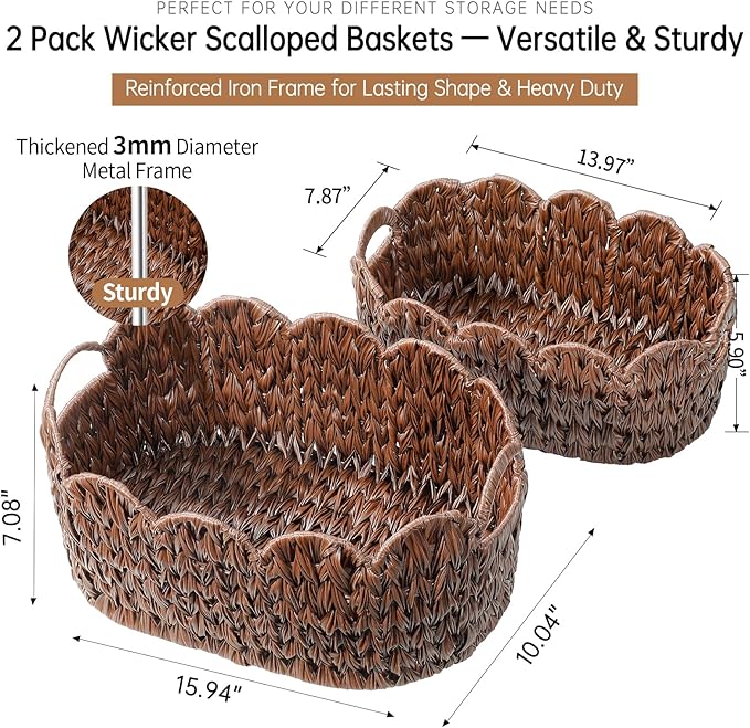 Coeusy Wicker Scalloped Basket Set of 2,Woven Storage Baskets for Shelves,Closet,Laundry,Gift,Towels,Books,Toys,Waterproof Cute Decor Basket for Organizing,Brown