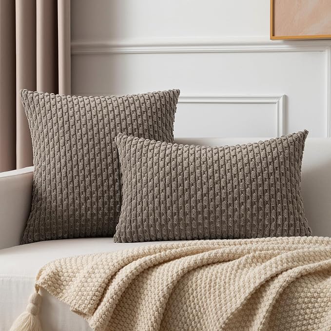 Kevin Textile Soft Corduroy 14"x24" Lumbar Pillow Cover 1 Pack, Light Brown | Boho Stripe Plush Corduroy Decorative Oblong Cushion Cover Modern Farmhouse Home Decor for Sofa Couch Bed Chair