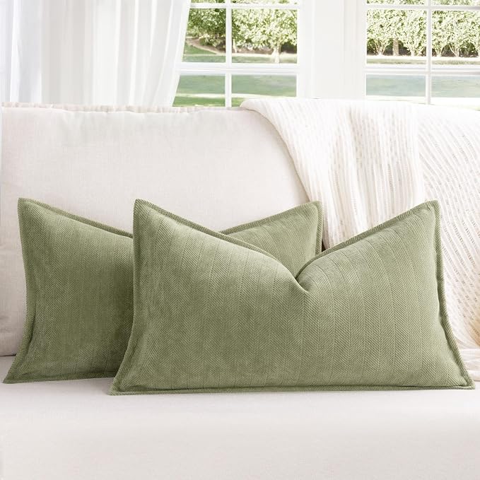 Sage Green Pillow Covers 12x20 Set of 2 Chenille Throw Pillow Covers with Elegant Design Soft and Luxurious Decorative Throw Pillows for Couch, Bed, and Home Decor