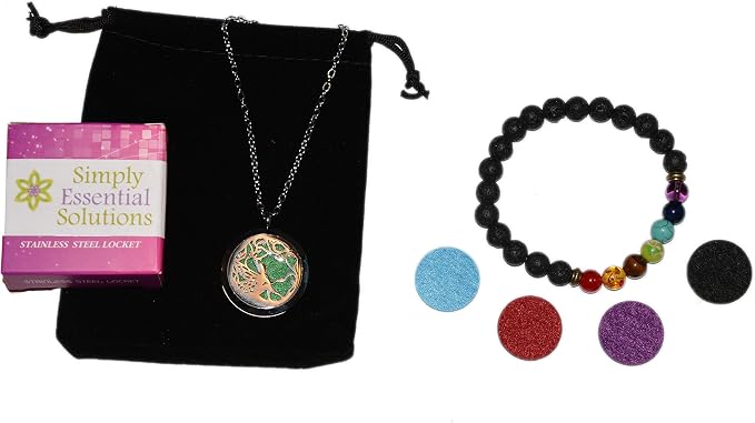 Aromatherapy Essential Oil Diffuser Stainless Steel 30MM Silver Magnetic Locket Pendant with Chain Necklace and Colored Refill Pads & Diffuser Bracelet All in a Gift Bag (Fairy)
