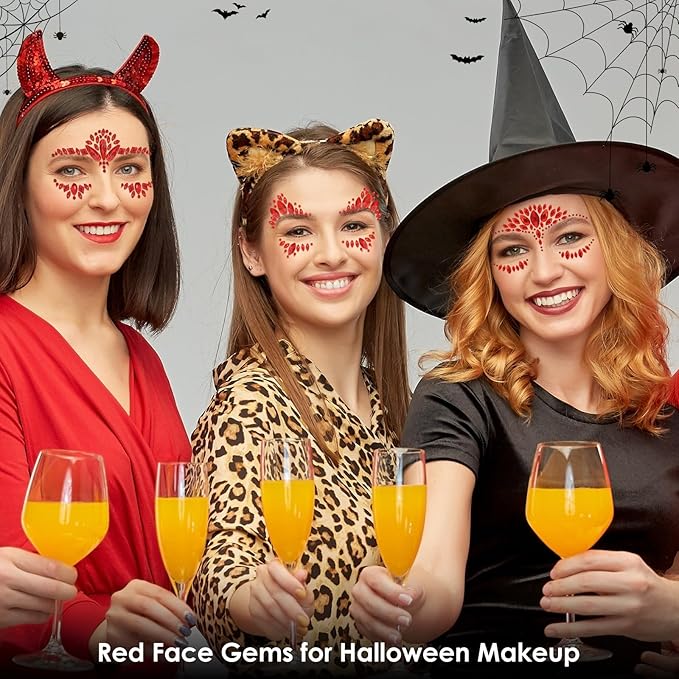 Erythem Face Gems for Women 6 Sheets Red Face Jewels Stick On Self Adhesive Rhinestones Stickers for Halloween Makeup Music Festival Rave Party