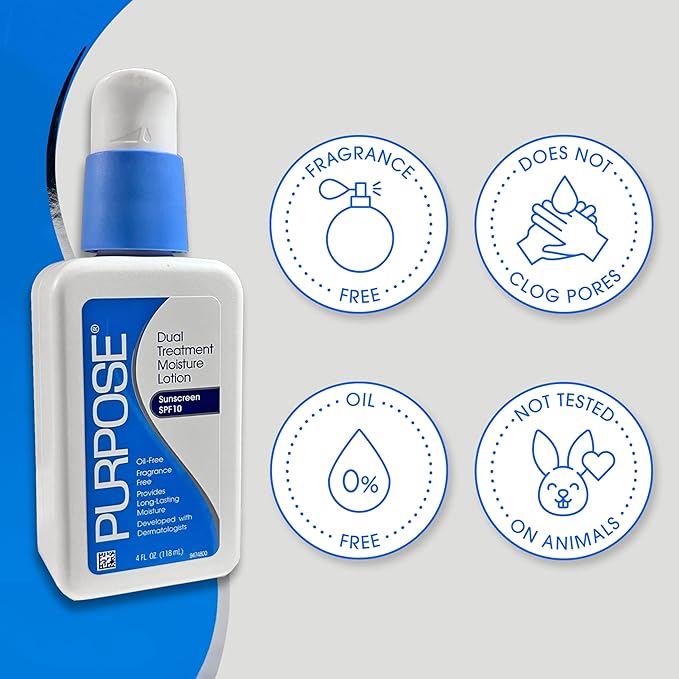 Purpose Dual Treatment Moisture Lotion with SPF 10 – Oil-Free, Fragrance-Free Daily Moisturizer for Sensitive Skin - 4 Fluid Oz.