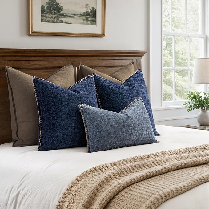 MIULEE Decorative Couch Throw Pillow Covers 20x20 Inch Navy 2 Pack | Farmhouse Pillow Covers with Stitched Edge, Soft Chenille Cushion Cases, for Sofa Bed Living Room Home Decor