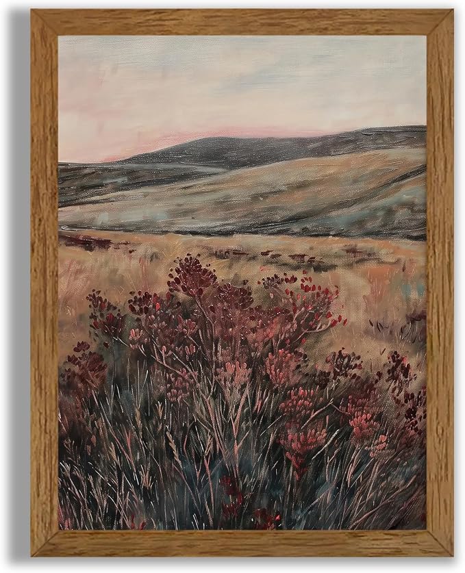 JLTULT Vintage Landscape Wall Art, Maroon Wood-Framed Canvas, 8 x 10 in | Moody maroon wildflower art on fade-resistant canvas with a ready-to-hang solid wood frame for bedrooms and living rooms