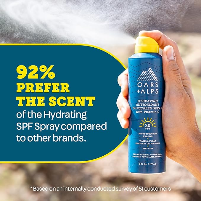Oars + Alps Sunscreen Spray for Face & Body Spray Sunscreen Infused with Vitamin C & Antioxidants, No White Residue, Water & Sweat Resistant, All Skin Types, Lightweight, Hydrating, SPF 30, 6 Oz, 1pk