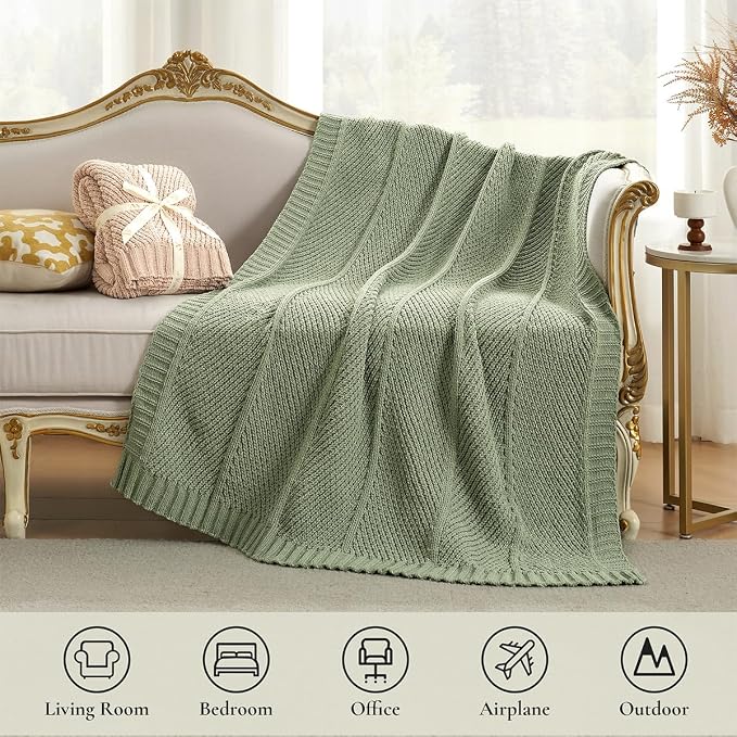 Knit Throw Blanket, Soft Chenille Cozy Breathable Chevron Chunky Decorative Blanket for Couch, Bed & Sofa, French-Inspired Lightweight Warm Gift for Women, Sage Green, 50"x60"