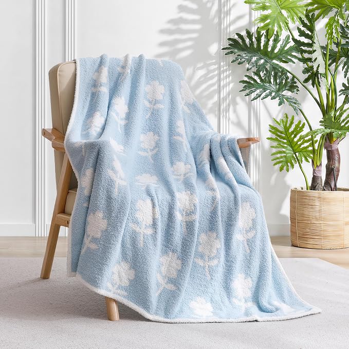 Snuggle Sac Twin Size Bedding Blanket, Blue Flower Throw Blanket for Couch, Microfiber Fluffy Warm Cozy Fuzzy Soft Reversible Blankets, Blue, 60x80 inches