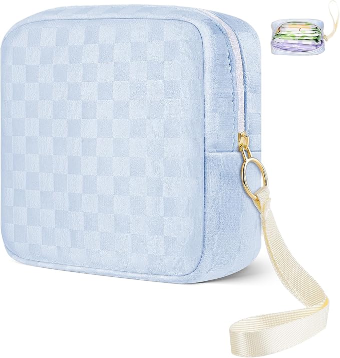 Likesing Tampon Holder for Purse, Upgraded 5.3" Checkered Period Bag, Sanitary Napkin Storage Bag with Wrist Strap for Girls Women, Thickened Portable Period Pad Pouch(Blue)
