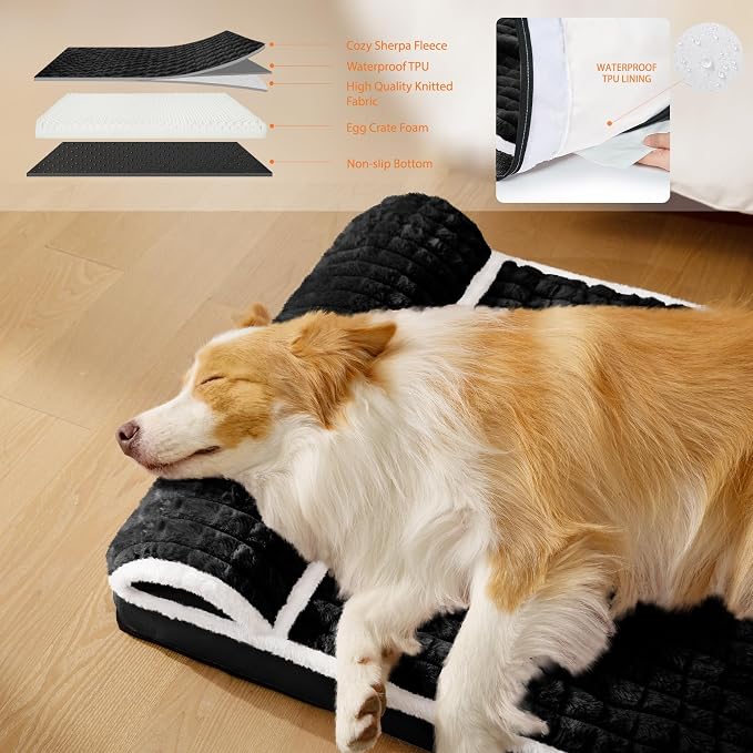 Orthopedic Large Dog Bed Pillow Pet Sofa Bed 42''X28'' Black | Egg-Crate Foam Pet Couch Large Sized Dog, Waterproof Removable Washable Cover,Furry Puppy Crate Mat With Nonskid Bottom