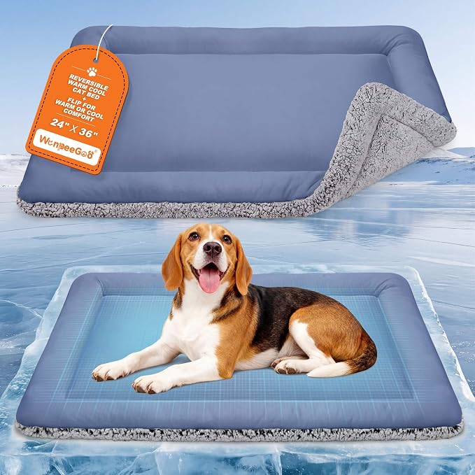 Cooling Mat for Cats, Reversible Self Warming Cat Bed, Dark Blue, 24x36 In | Cool-Touch Ice Silk Side, Plush Fleece Warm Side, Heat-Reflective Foil for Indoor Cats, Kittens, Small Dogs and Crates