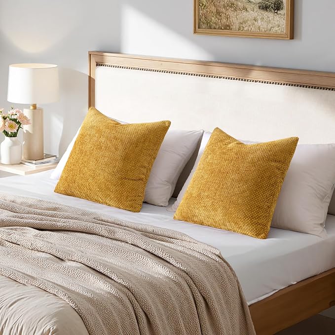MIULEE Decorative Gold Euro Sham Throw Pillow Covers 24x24 Inch 2 Pack | Mustard Yellow, Modern Boho Accent, Soft Chenille Pillow Covers, Farmhouse Cushion Cases for Home Decor Bed Sofa Living Room