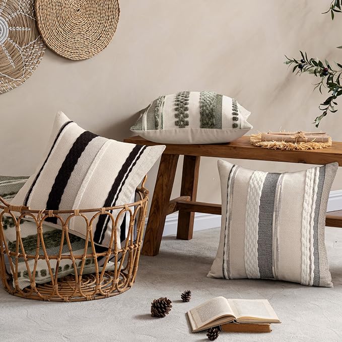 ANRODUO Boho Decorative Pillow Covers 18x18 Pack of 2 Black-White Stripe 2 | Throw Pillow Covers, Farmhouse Cushion Case, Chenille Pillow Cases, Pillow Covers, Neutral Pillowcase for Sofa Couch Bed