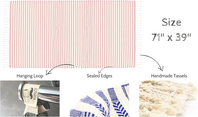 Bazaar Anatolia Turkish Beach Towel – 100% Cotton, Quick Dry, Sand Free Striped Towel for Bathroom, Travel, Camping – Oversized 71x39 Inches – Arpa Coral