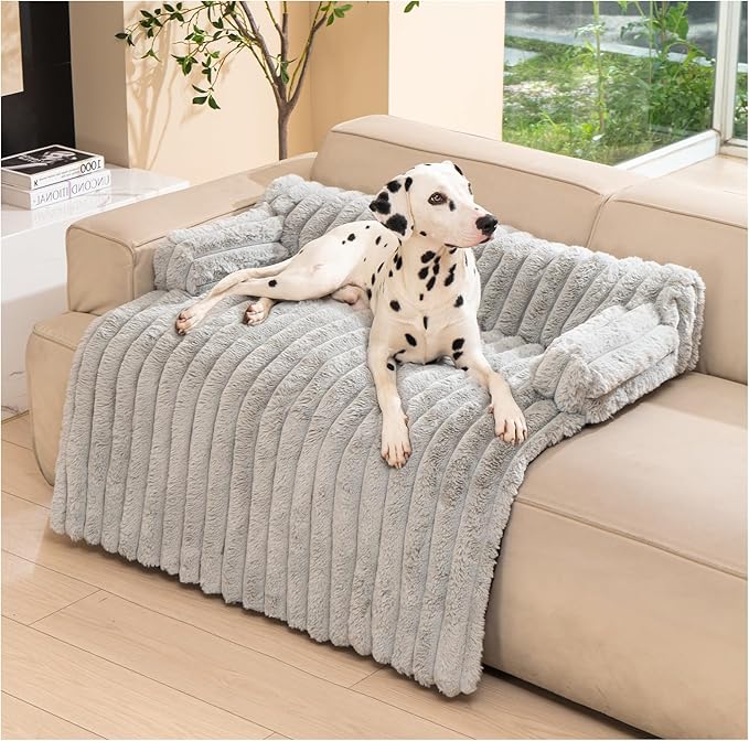 Avont Breathable Dog Couch Mat, Non-Slip Sofa Protector with Soft Plush | Available with Faux Rabbit Fleece and Washable Cover, in M and L, Dark Grey, Light Grey, Brown