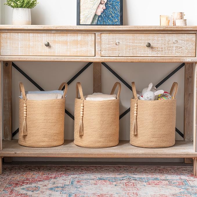 Mkono Woven Storage Basket for Blanket, Toys Plant Organizer, 11"W x 11"L | Brown, Jute, Decorative Basket with Handle, Wood Beads Tassel, Shoes Towel Clothes Storage Bin, Living Room Bedroom Nursery